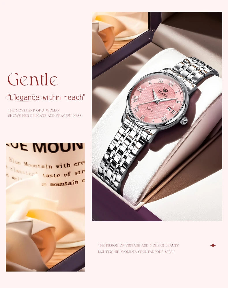OLEVS 5611 Original Ladies Dress Quartz Wristwatch Luminous Date Stainless Steel Strap Elegant Luxury Women Watches