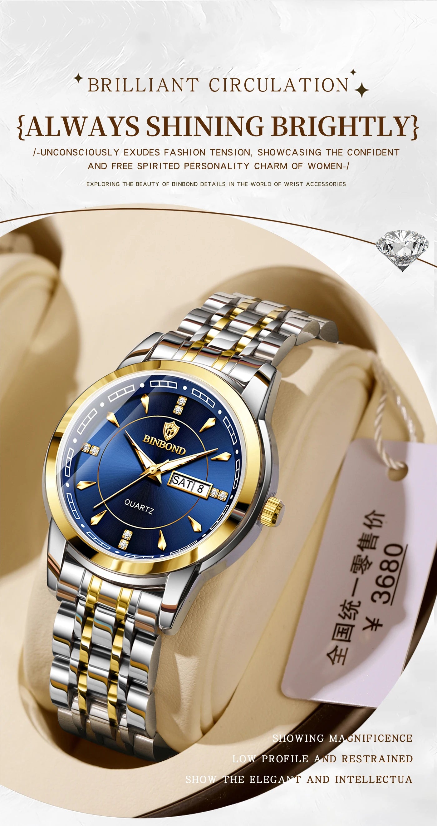 BINBOND Original Brand Ladies New Quartz Wristwatch Luxury Stainless Steel Waterproof Women's Watch Fashion Luminous Ms Watches