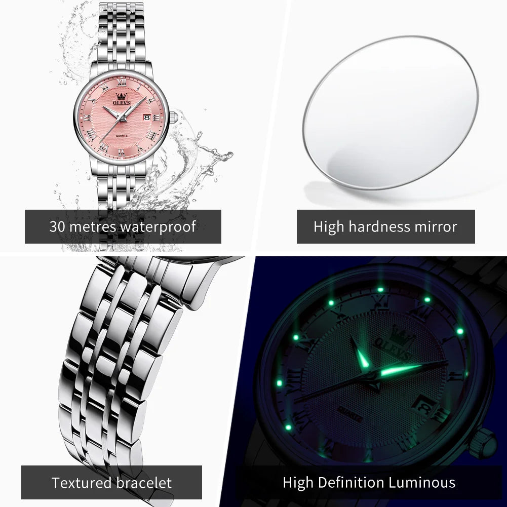 OLEVS 5611 Original Ladies Dress Quartz Wristwatch Luminous Date Stainless Steel Strap Elegant Luxury Women Watches