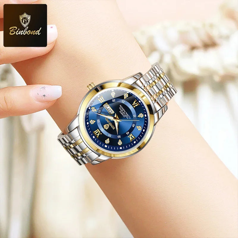 BINBOND Top Brand Luxury Fashion Business Women's Quartz Watch 30M Waterproof Luminous Week Date Clock New Sport Ladies' Watches