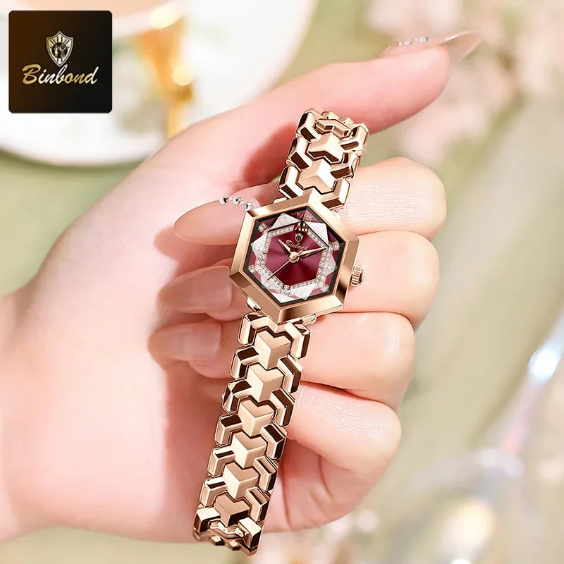 BINBOND Top Brand Elegant Women's Watches Fashion Rhombus Mirror Ladies Wristwatch Waterproof Diamond Dial Original Quartz Watch