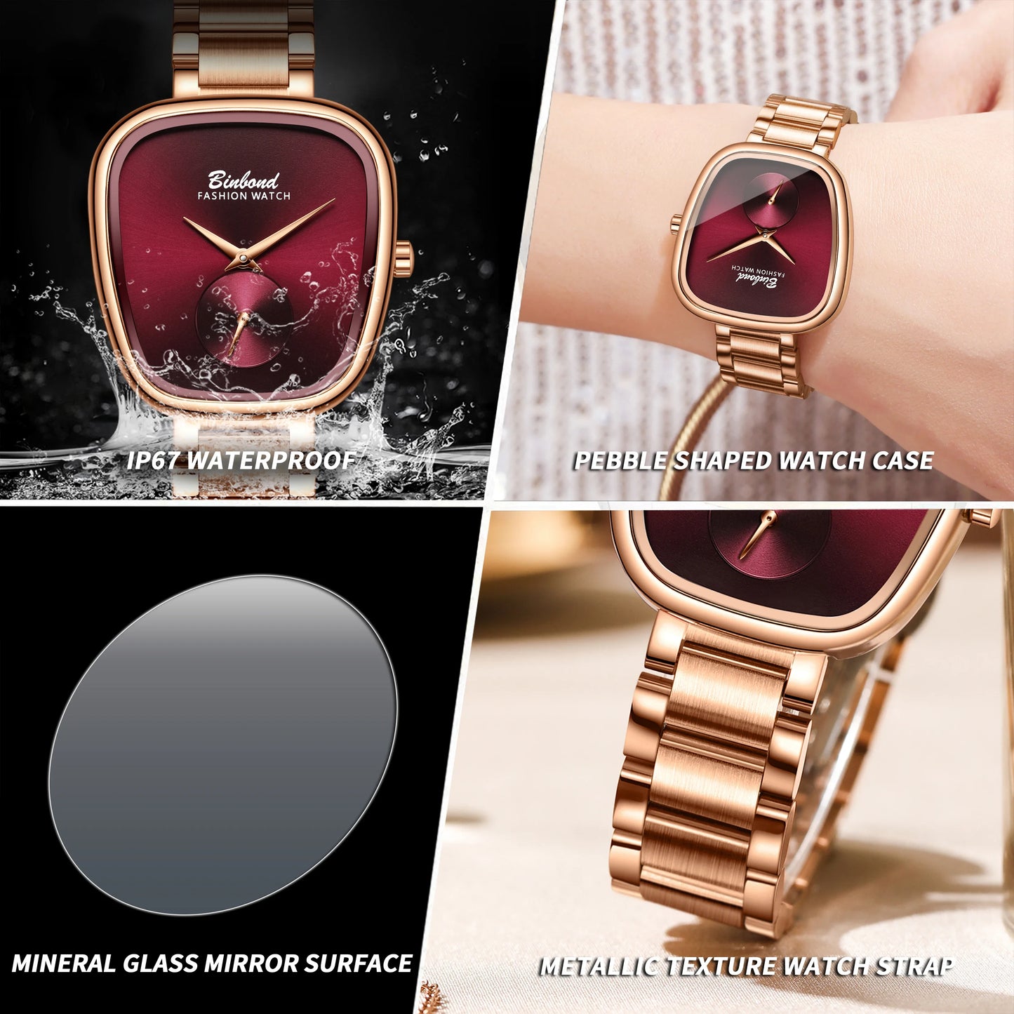 BINBOND Luxury Brand Fashion Ladies' Watch Waterproof Stainless Steel Women's Watch Simple High Quality Quartz Watches for Woman