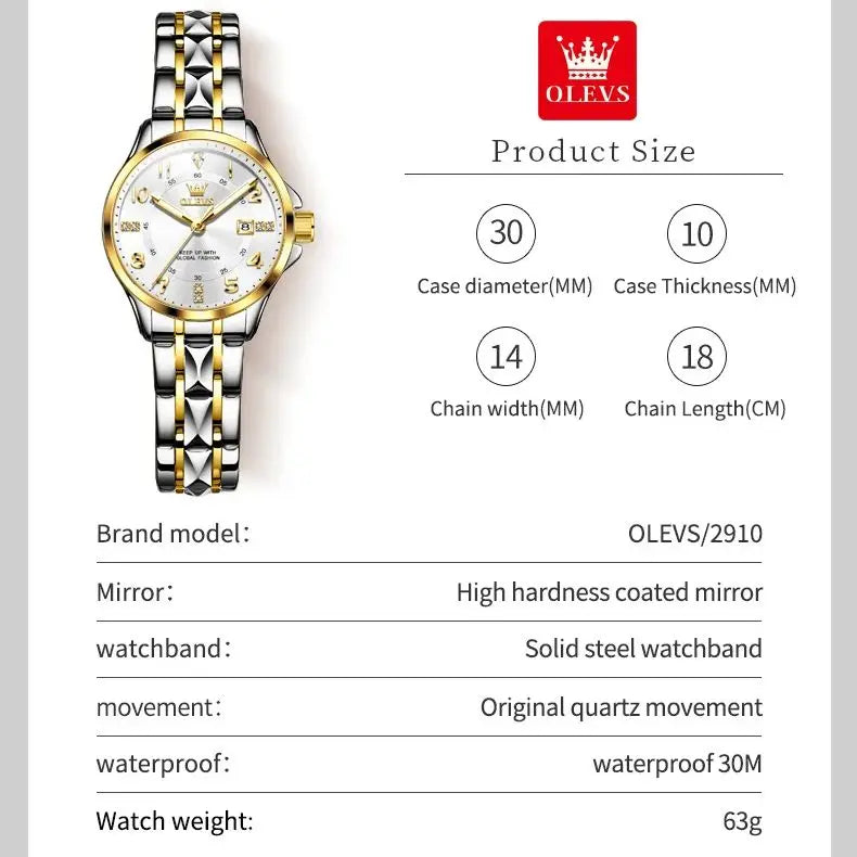 OLEVS 2910 Quartz Women's Watch Luxury Business Stainless Steel Waterproof Calendar Watch Brand Elegant Diamond Women's Watch