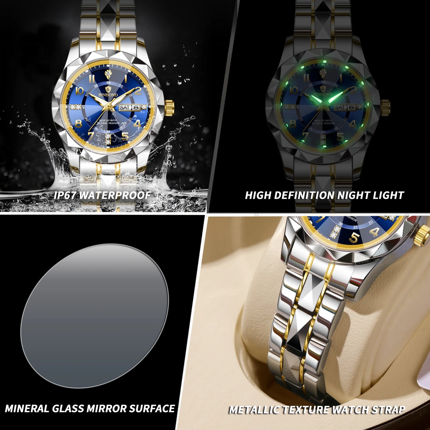 BINBOND Top Brand Fashion Business Womens Quartz Watches Waterproof Luminous Week Date Clock Sport Ladies' Wristwatch New B6632