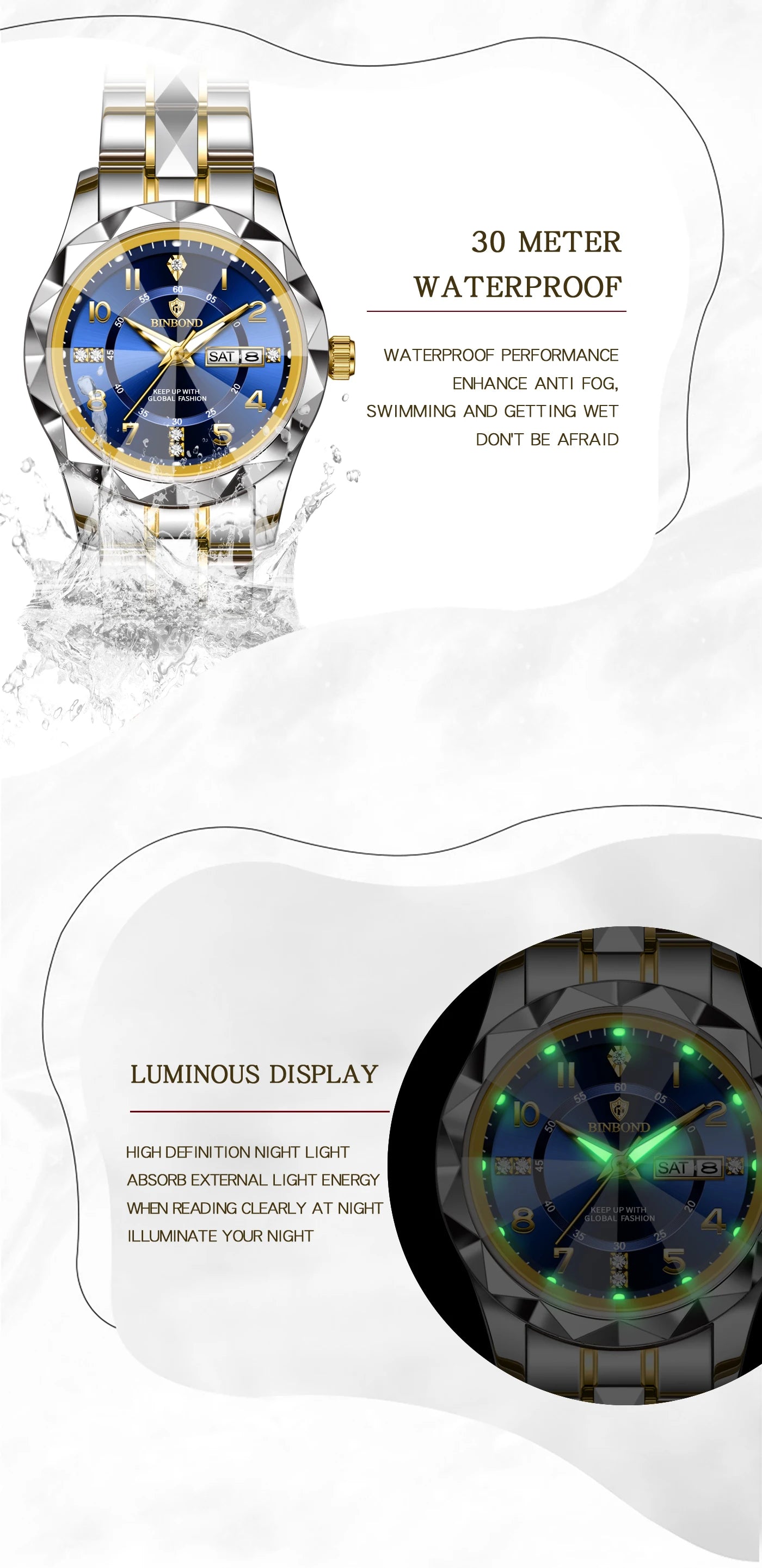 BINBOND Top Brand Fashion Business Womens Quartz Watches Waterproof Luminous Week Date Clock Sport Ladies' Wristwatch New B6632