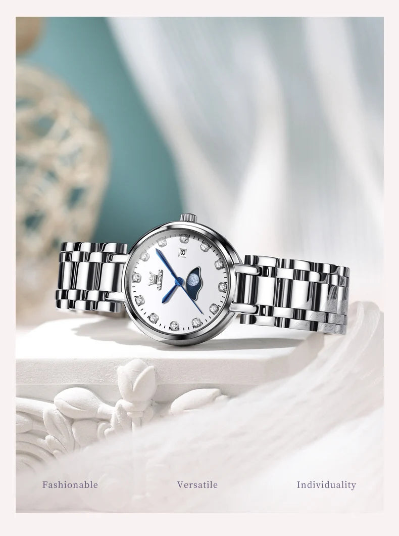 OLEVS 5573 Original Ladies Quartz Watch Diamond Scale Calendar Stainless Steel Waterproof Elegant Dress Wristwatch for Women