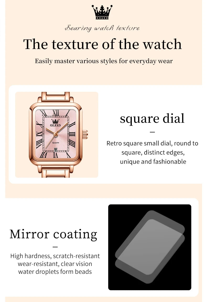 OLEVS 5641 New Ladies Wristwatch Roman Square Dial Waterproof Calendar Stainless Steel Elegant Dress Quartz Watch for Women