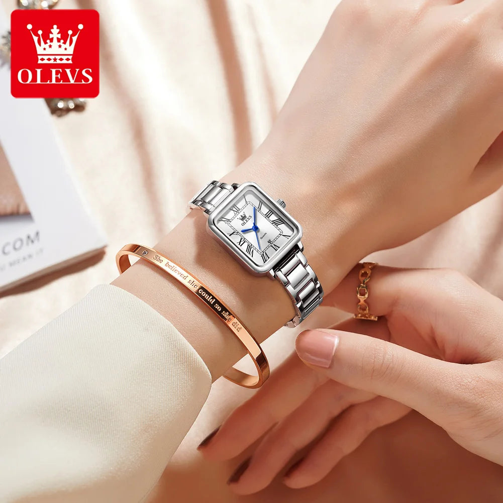 OLEVS 5641 New Ladies Wristwatch Roman Square Dial Waterproof Calendar Stainless Steel Elegant Dress Quartz Watch for Women