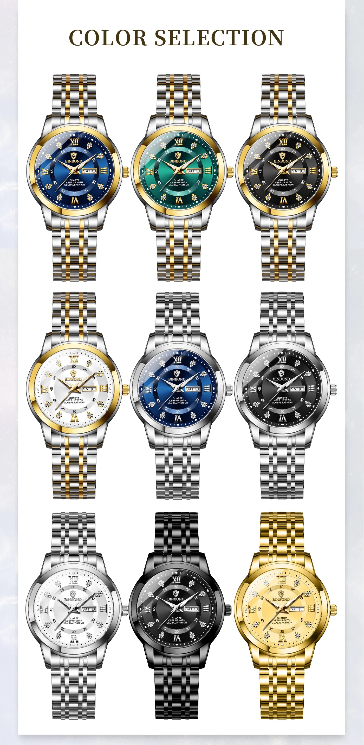 BINBOND Top Brand Luxury Fashion Business Women's Quartz Watch 30M Waterproof Luminous Week Date Clock New Sport Ladies' Watches