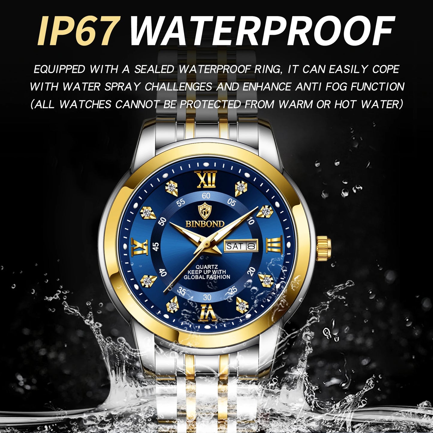 BINBOND Top Brand Luxury Fashion Business Women's Quartz Watch 30M Waterproof Luminous Week Date Clock New Sport Ladies' Watches
