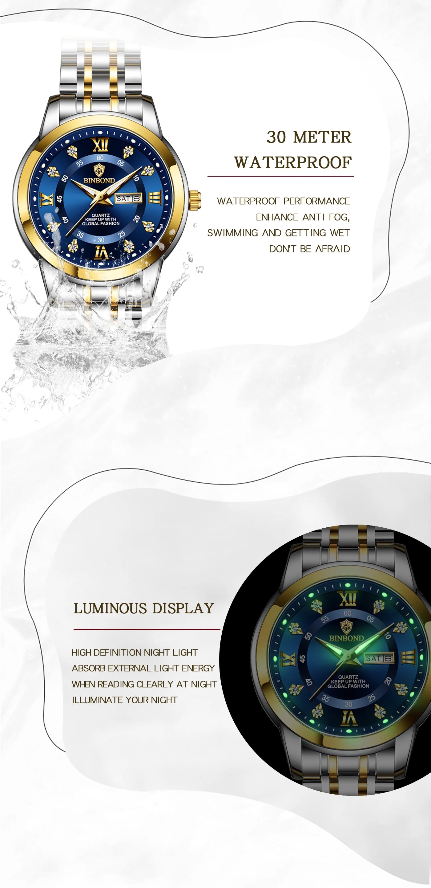 BINBOND Top Brand Luxury Fashion Business Women's Quartz Watch 30M Waterproof Luminous Week Date Clock New Sport Ladies' Watches