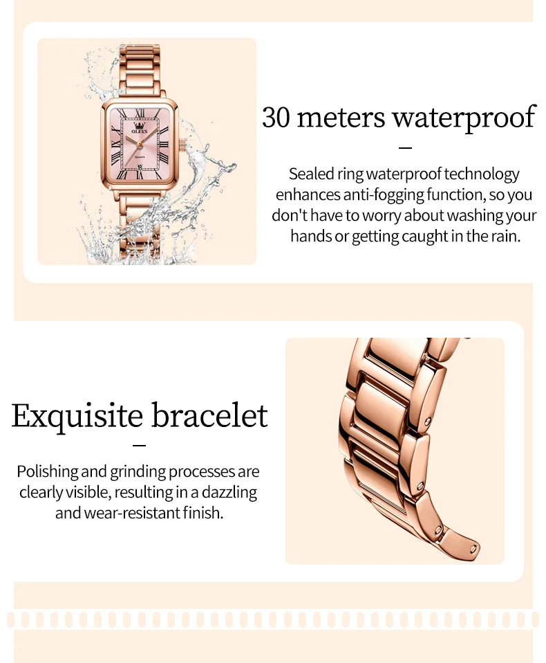OLEVS 5641 New Ladies Wristwatch Roman Square Dial Waterproof Calendar Stainless Steel Elegant Dress Quartz Watch for Women