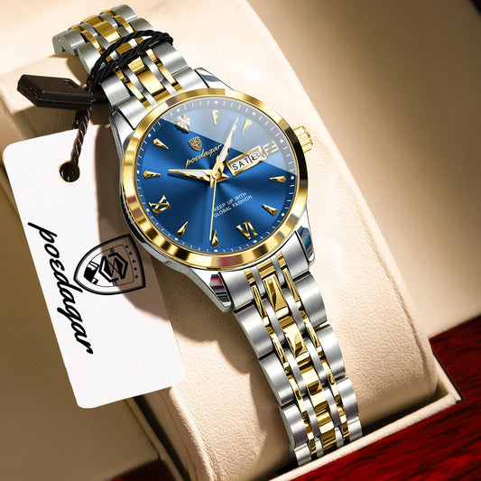 POEDAGAR Original Watches For Woman Date Week Waterproof Luminous Ladies Wristwatch Stainless Steel Fashion Quartz Women's Watch