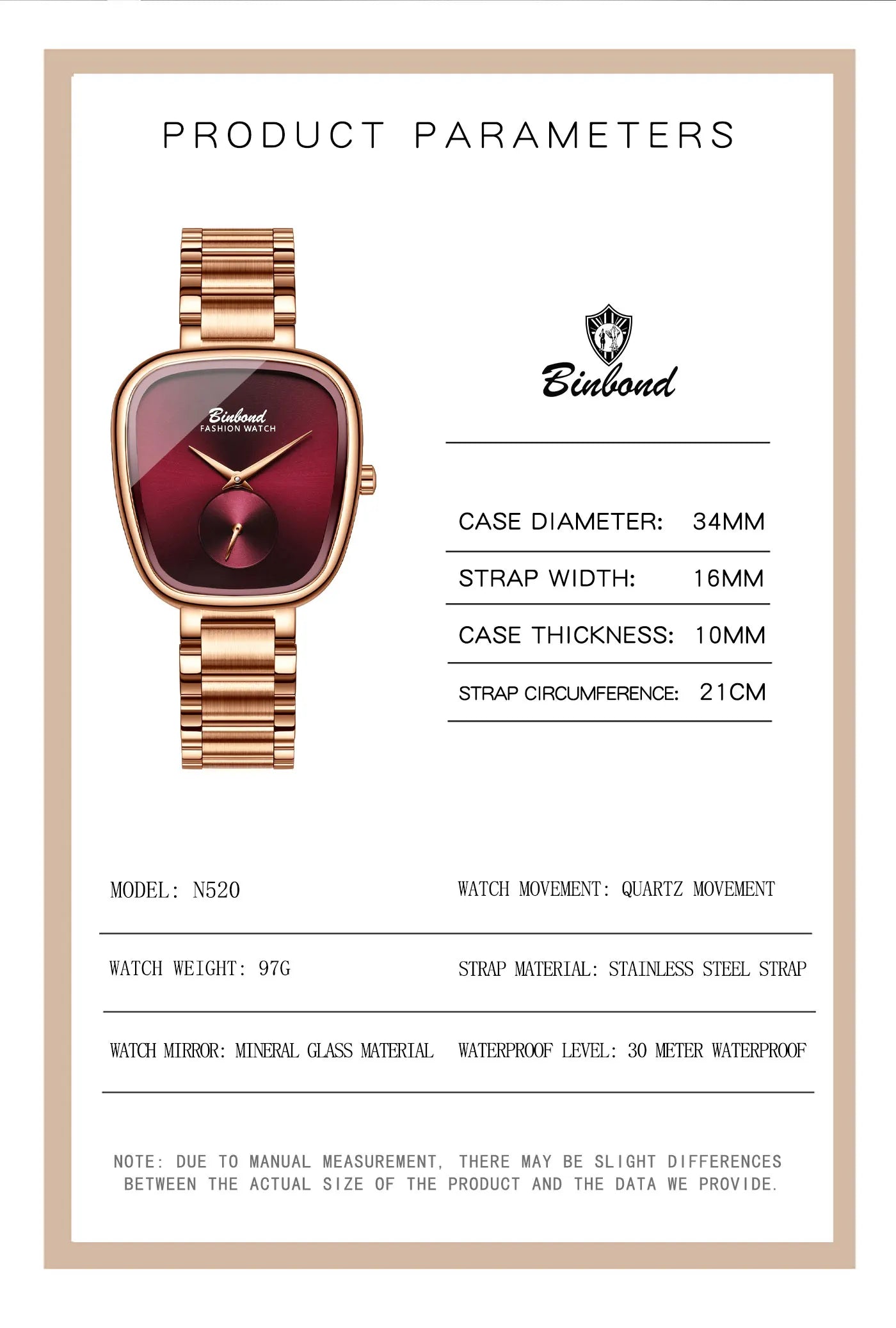 BINBOND Luxury Brand Fashion Ladies' Watch Waterproof Stainless Steel Women's Watch Simple High Quality Quartz Watches for Woman