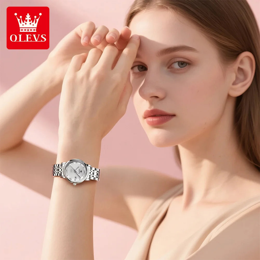 OLEVS 5611 Original Ladies Dress Quartz Wristwatch Luminous Date Stainless Steel Strap Elegant Luxury Women Watches