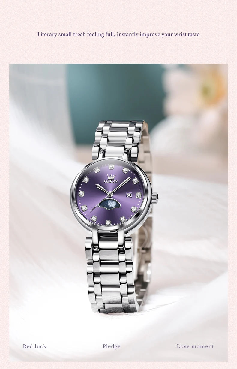 OLEVS 5573 Original Ladies Quartz Watch Diamond Scale Calendar Stainless Steel Waterproof Elegant Dress Wristwatch for Women