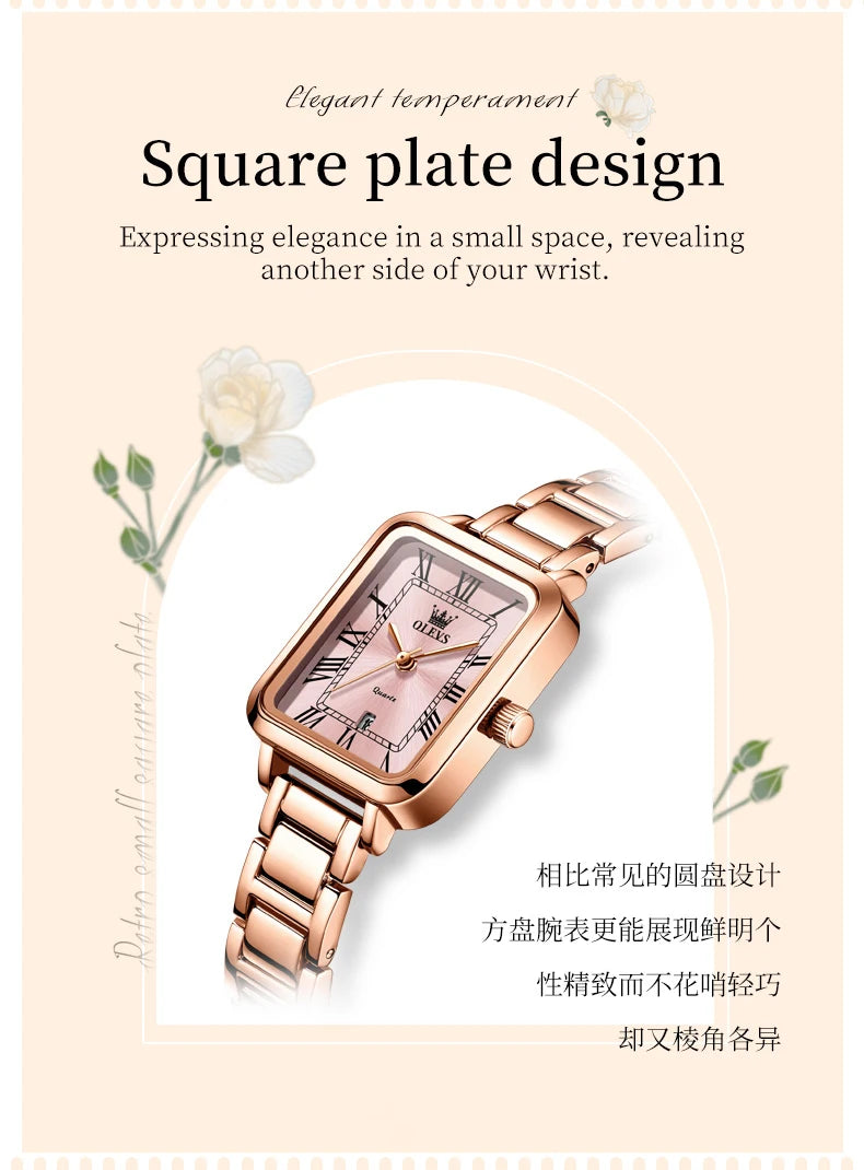 OLEVS 5641 New Ladies Wristwatch Roman Square Dial Waterproof Calendar Stainless Steel Elegant Dress Quartz Watch for Women