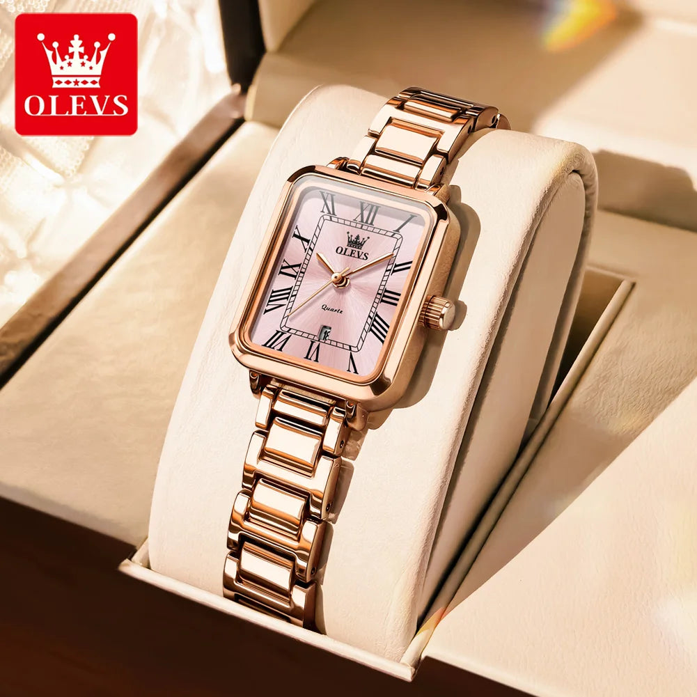 OLEVS 5641 New Ladies Wristwatch Roman Square Dial Waterproof Calendar Stainless Steel Elegant Dress Quartz Watch for Women