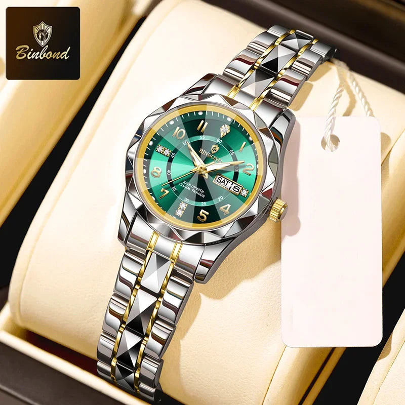 BINBOND Top Brand Fashion Business Womens Quartz Watches Waterproof Luminous Week Date Clock Sport Ladies' Wristwatch New B6632