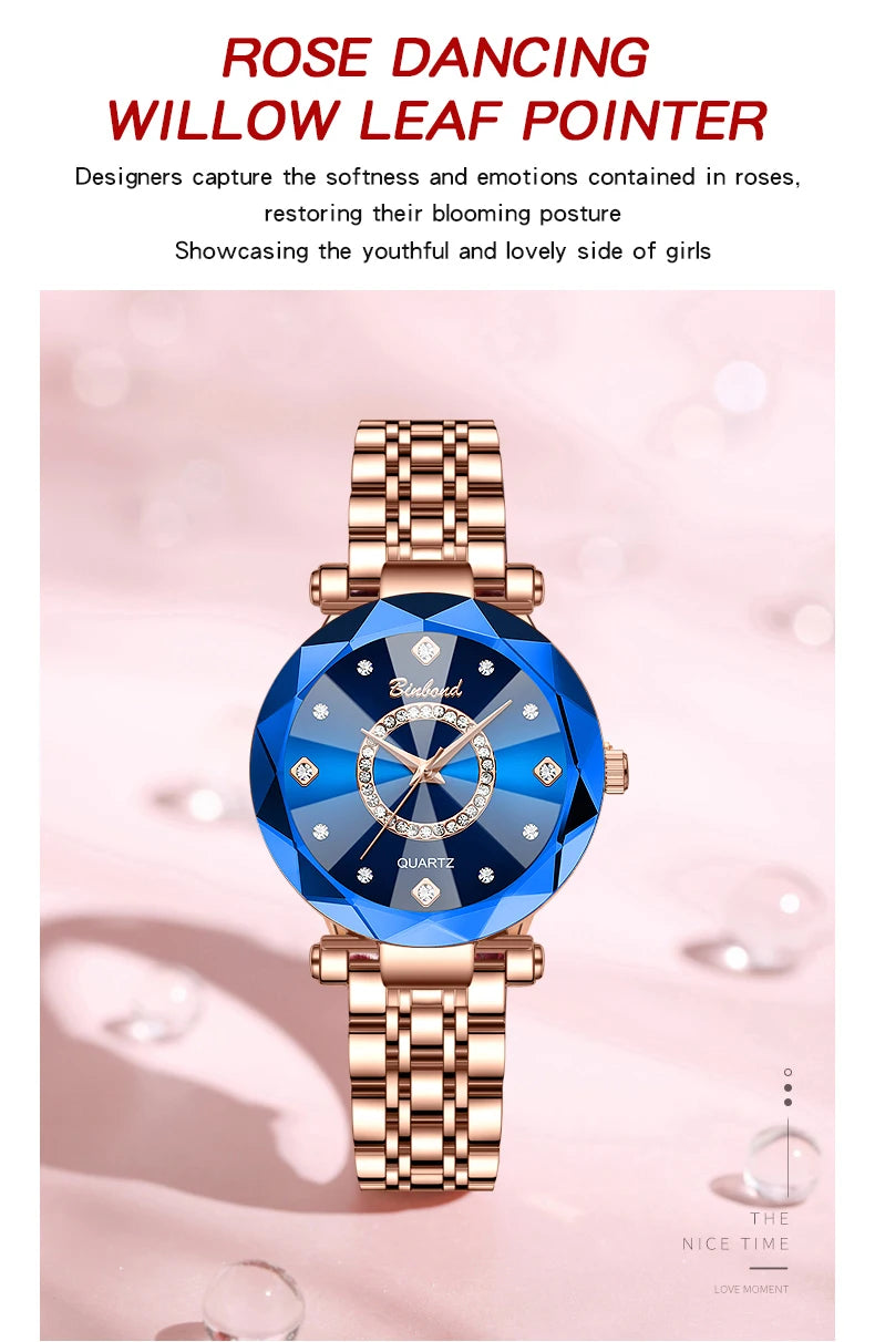BINBOND Fashion Women's Quartz Watch Elegant For Heart of The Ocean Mirror Face Waterproof Business Lady Watch Relogio Feminino