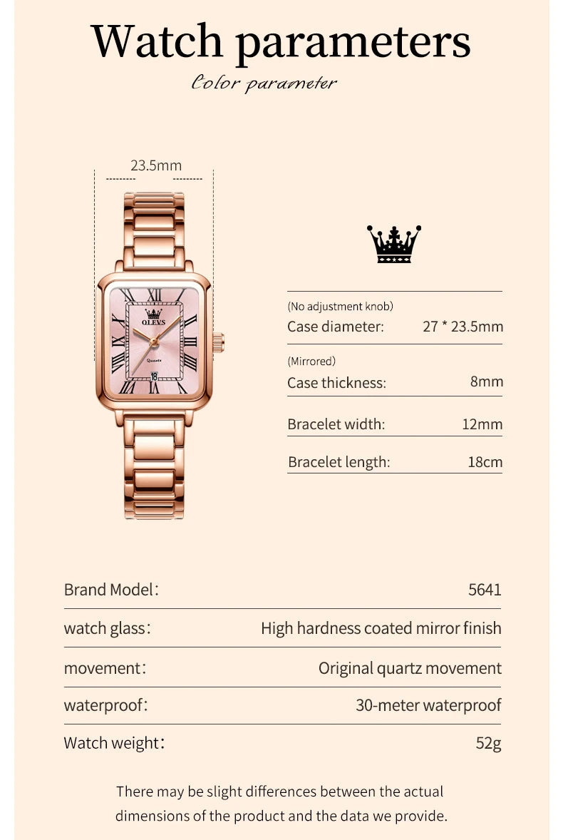 OLEVS 5641 New Ladies Wristwatch Roman Square Dial Waterproof Calendar Stainless Steel Elegant Dress Quartz Watch for Women