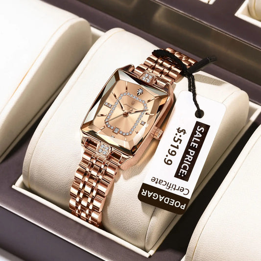 POEDAGAR Luxury Women Wristwatch Rectangle Waterproof Date Ladies Watch Stainless Steel Quartz Women's Watches Diamond Reloj+Box