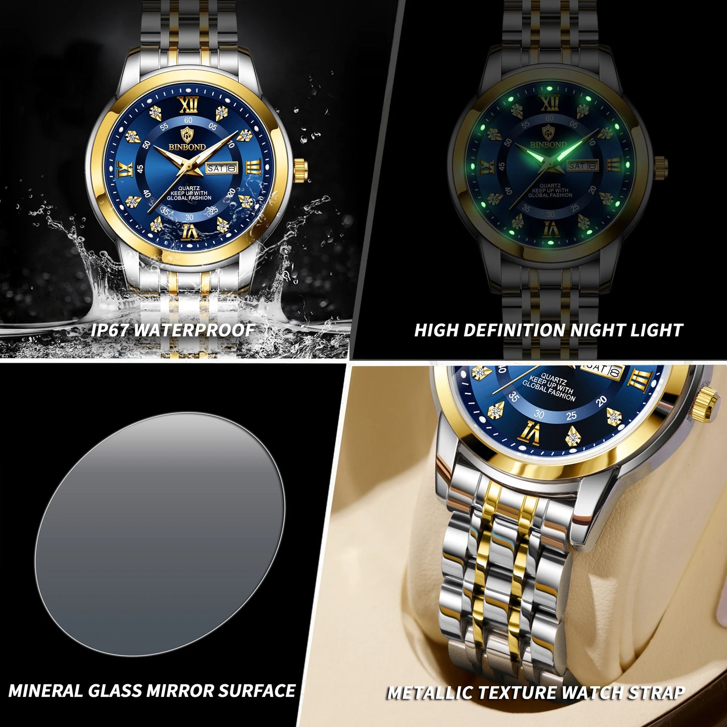 BINBOND Top Brand Luxury Fashion Business Women's Quartz Watch 30M Waterproof Luminous Week Date Clock New Sport Ladies' Watches