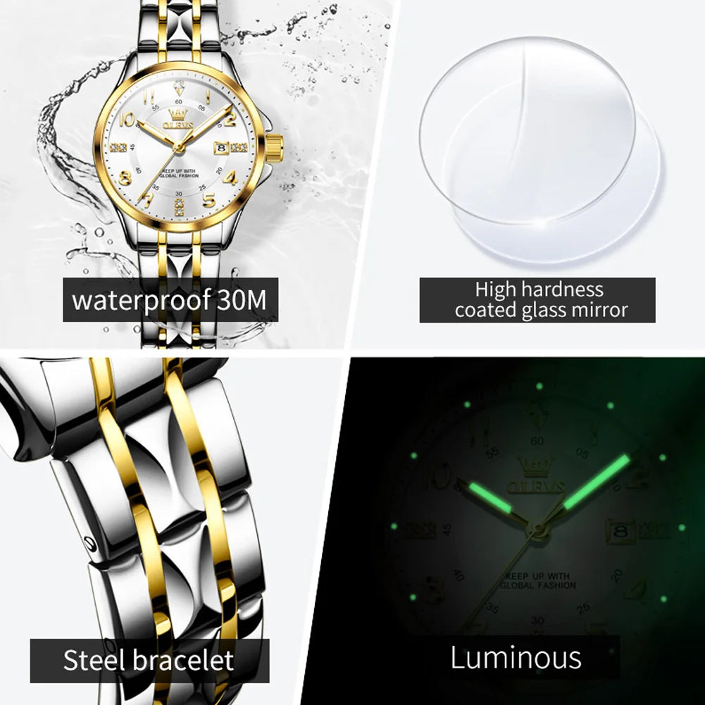 OLEVS 2910 Quartz Women's Watch Luxury Business Stainless Steel Waterproof Calendar Watch Brand Elegant Diamond Women's Watch
