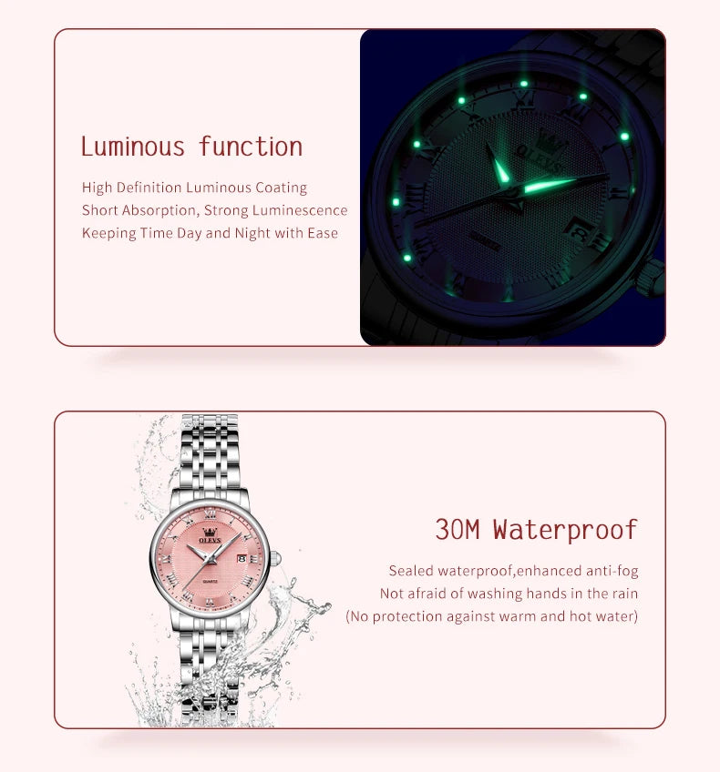 OLEVS 5611 Original Ladies Dress Quartz Wristwatch Luminous Date Stainless Steel Strap Elegant Luxury Women Watches