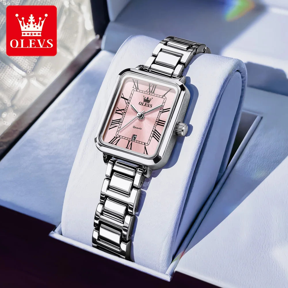 OLEVS 5641 New Ladies Wristwatch Roman Square Dial Waterproof Calendar Stainless Steel Elegant Dress Quartz Watch for Women