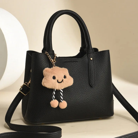 Women's Commuter Small Square Bag, PU Leather Material, Lychee Pattern, Simple Shoulder - Handbag, Cartoon Charm