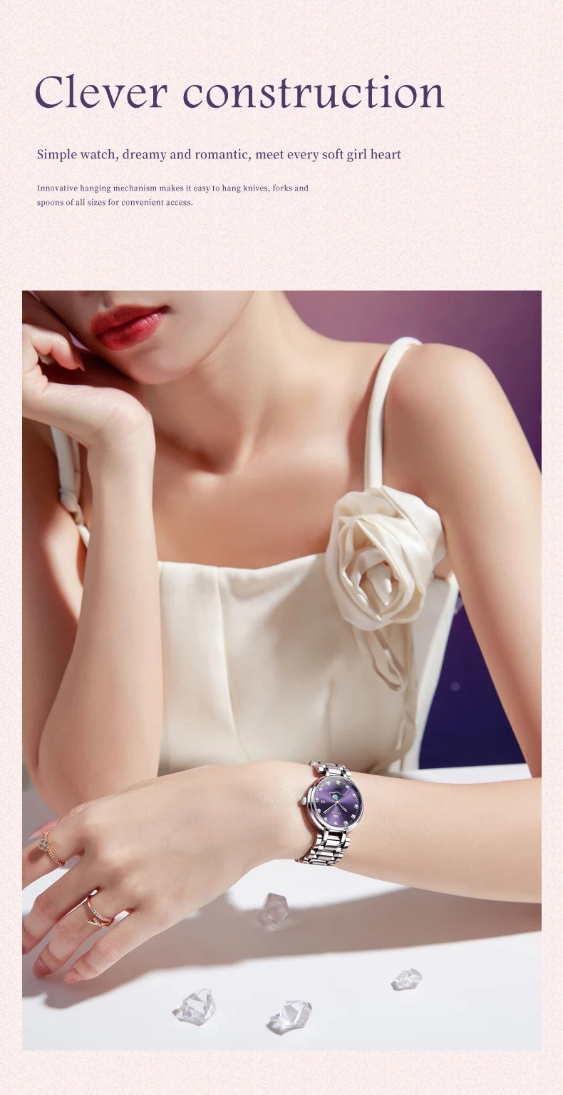 OLEVS 5573 Original Ladies Quartz Watch Diamond Scale Calendar Stainless Steel Waterproof Elegant Dress Wristwatch for Women