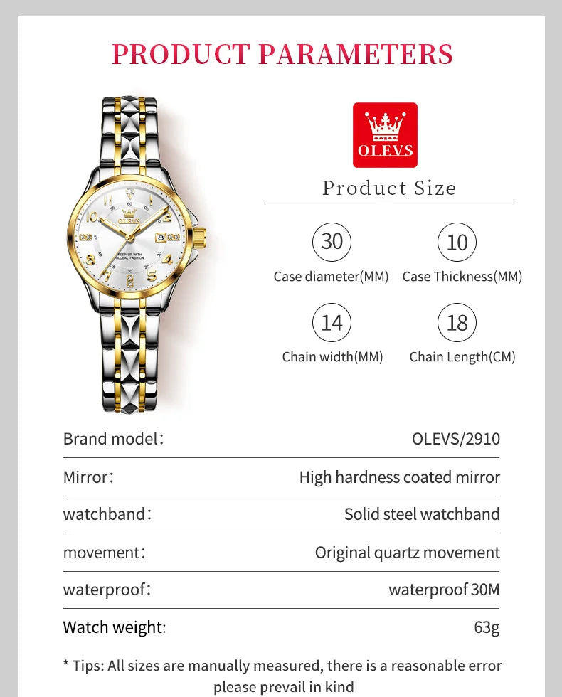 OLEVS 2910 Quartz Women's Watch Luxury Business Stainless Steel Waterproof Calendar Watch Brand Elegant Diamond Women's Watch