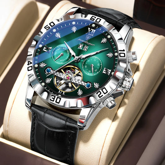 POEDAGAR Top Luxury Men's Watches Original Mechanical Leather Men Clock Date Week Hollow Tourbillon Automatic Man Watch Male+Box