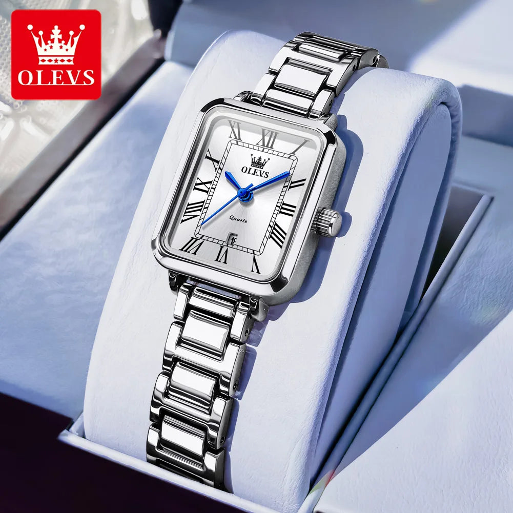 OLEVS 5641 New Ladies Wristwatch Roman Square Dial Waterproof Calendar Stainless Steel Elegant Dress Quartz Watch for Women