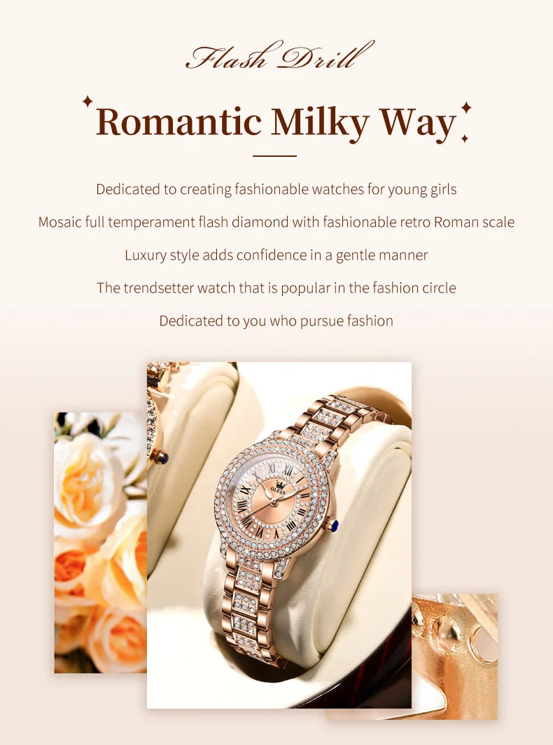 OLEVS Quartz Women's Watch Fashionable Retro Roman Scale Inlaid Diamond Waterproof dial Luxury Exquisite Elegant Women's Watch