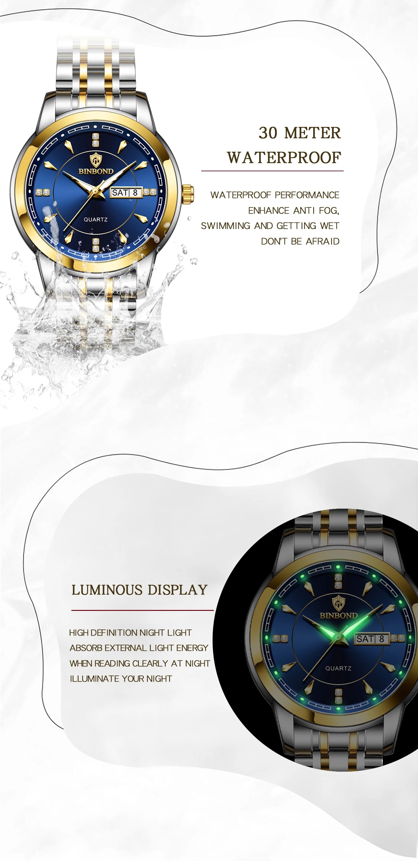 BINBOND Original Brand Ladies New Quartz Wristwatch Luxury Stainless Steel Waterproof Women's Watch Fashion Luminous Ms Watches