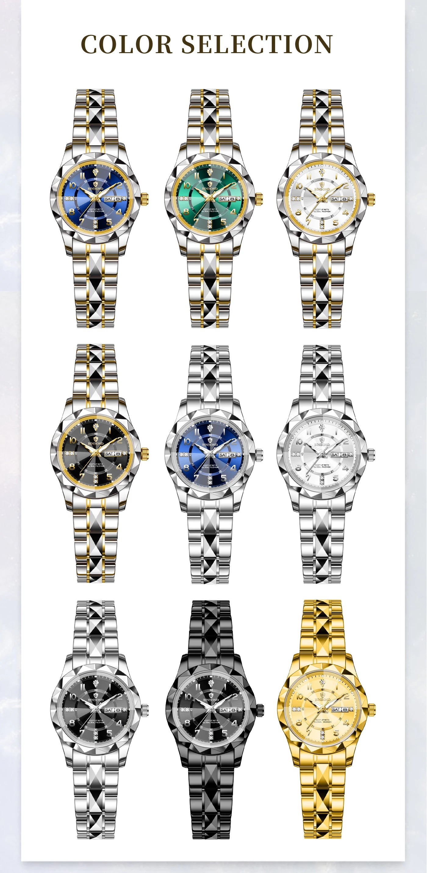 BINBOND Top Brand Fashion Business Womens Quartz Watches Waterproof Luminous Week Date Clock Sport Ladies' Wristwatch New B6632