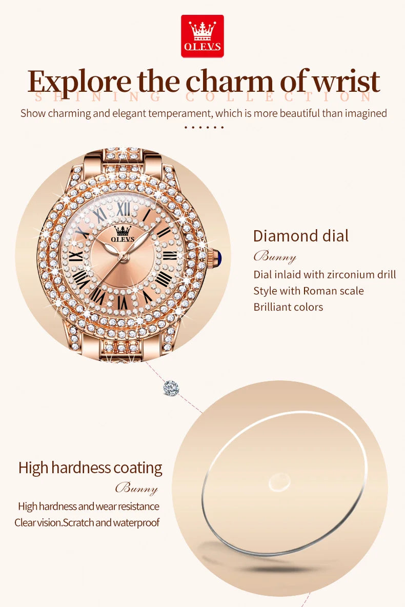 OLEVS Quartz Women's Watch Fashionable Retro Roman Scale Inlaid Diamond Waterproof dial Luxury Exquisite Elegant Women's Watch