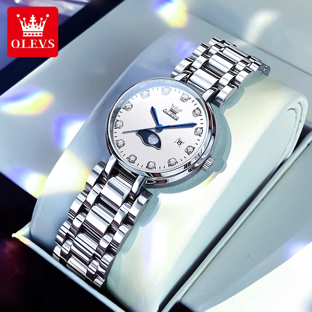 OLEVS 5573 Original Ladies Quartz Watch Diamond Scale Calendar Stainless Steel Waterproof Elegant Dress Wristwatch for Women