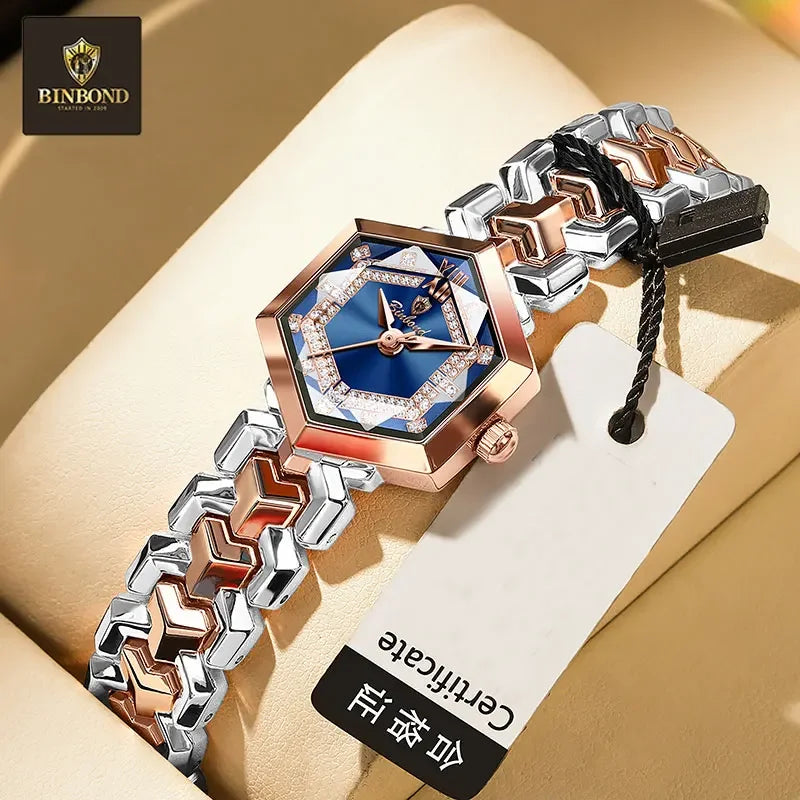 BINBOND Top Brand Elegant Women's Watches Fashion Rhombus Mirror Ladies Wristwatch Waterproof Diamond Dial Original Quartz Watch