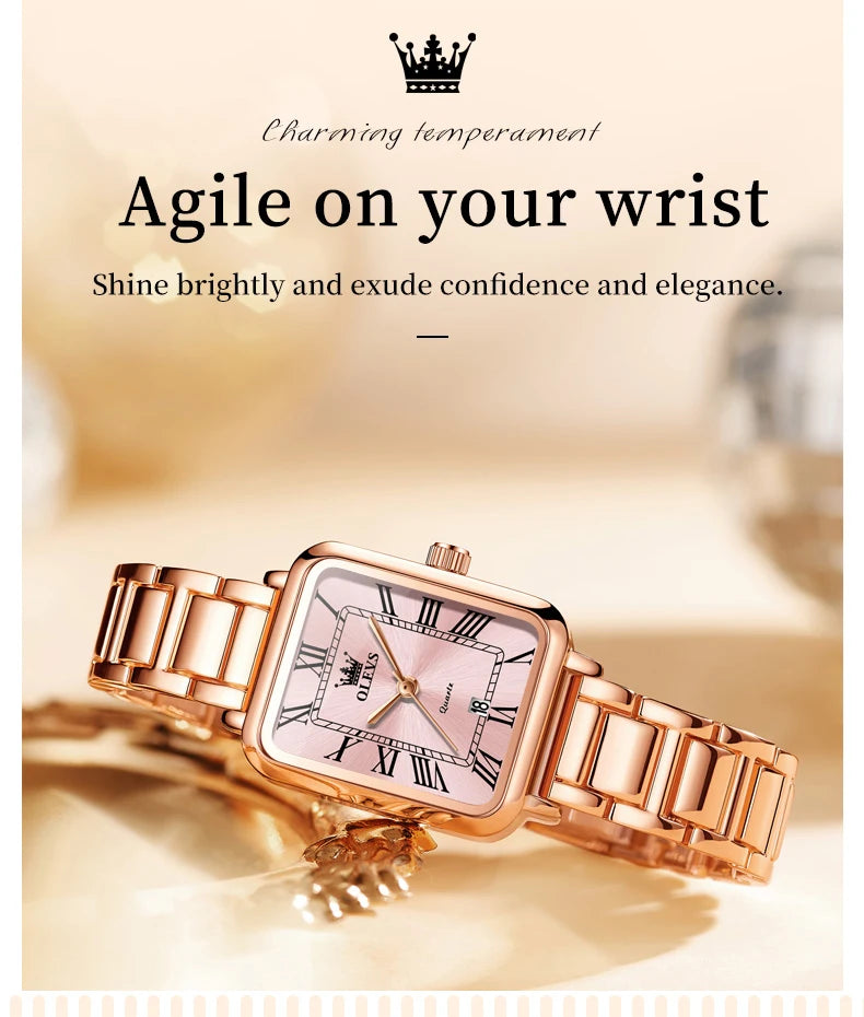 OLEVS 5641 New Ladies Wristwatch Roman Square Dial Waterproof Calendar Stainless Steel Elegant Dress Quartz Watch for Women