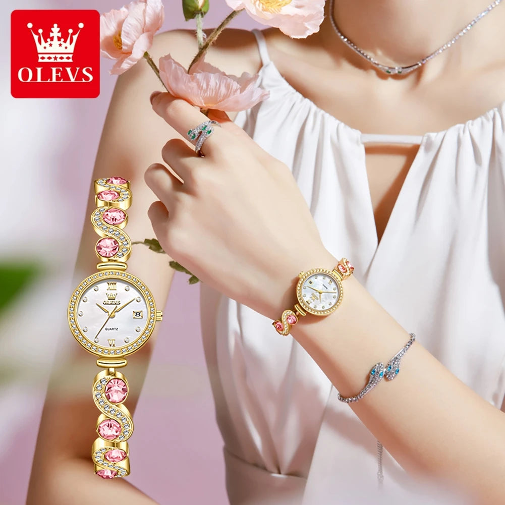 OLEVS 5633 Elegant Women's Bracelet Quartz Watches Diamond Bezel Waterproof Steel Strap Fashion Original Ladies Wristwatch