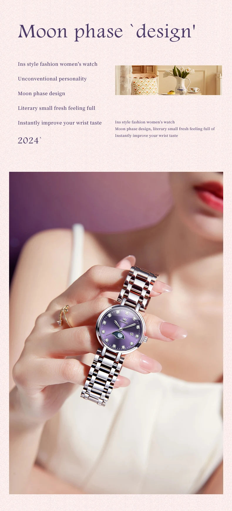 OLEVS 5573 Original Ladies Quartz Watch Diamond Scale Calendar Stainless Steel Waterproof Elegant Dress Wristwatch for Women