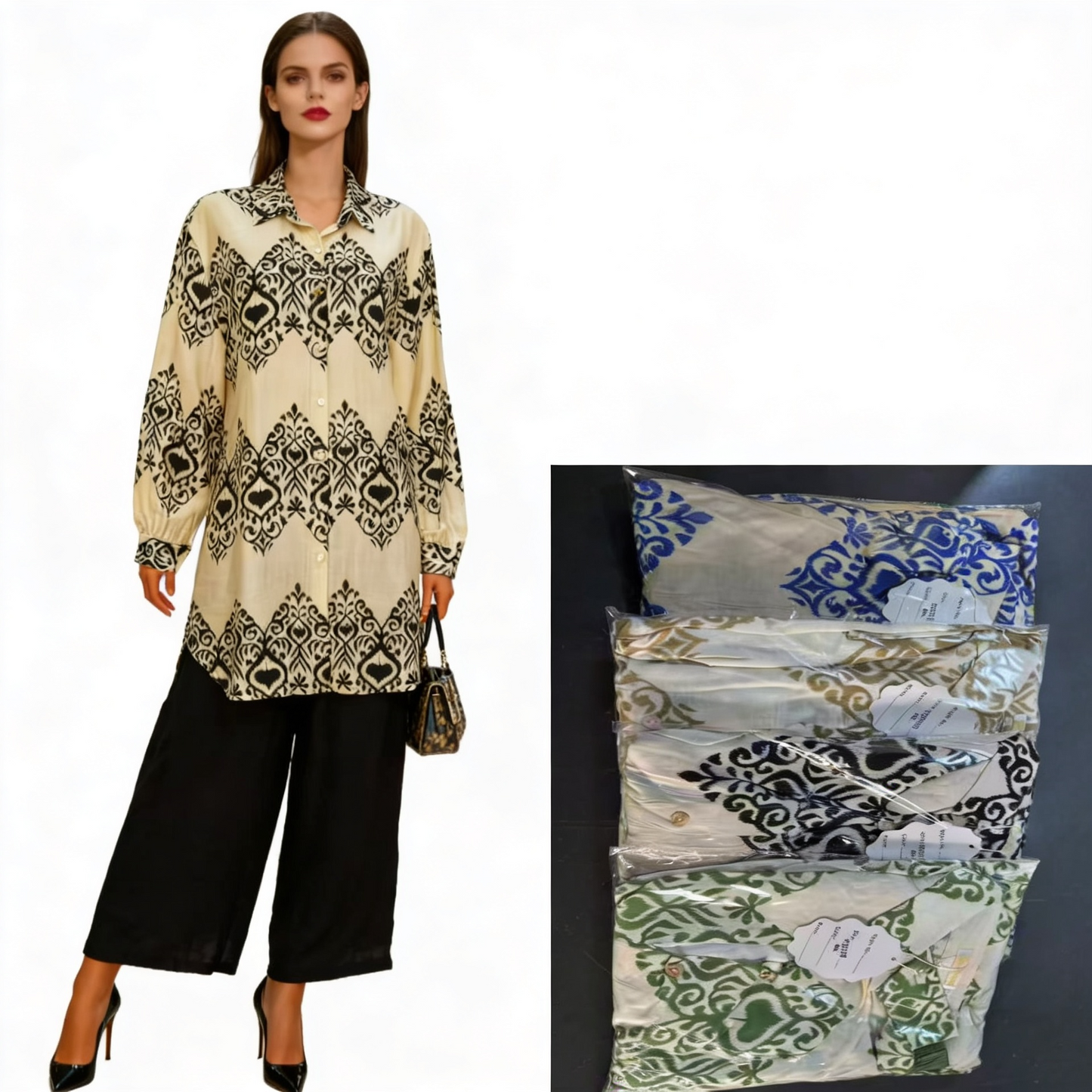 Damen Freizeit-Set: Lange Bluse mit Muster & Palazzo-Hose